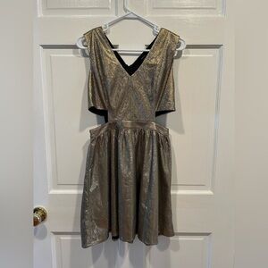 FOREVER 21 GOLD V NECK MINI DRESS WITH CUT OUTS ZIP UP SIZE MEDIUM
